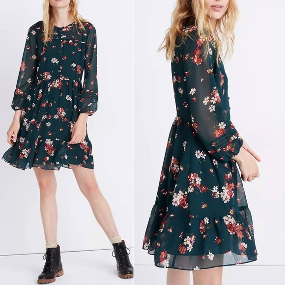 Madewell Dresses & Skirts - Madewell NWT Sheer sleeve pintuck ruffle dress in Spruce Blooms